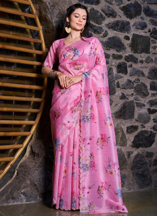 Organza Pink Party Wear Hand Work Saree